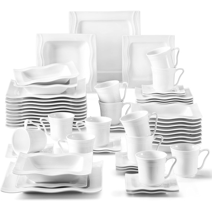 MALACASA Mario 30-Piece Porcelain Dinnerware Set - Classic White Dinner Set with Coffee Cups, Saucers, Dessert Plates, Soup Bowls & Dinner Plates