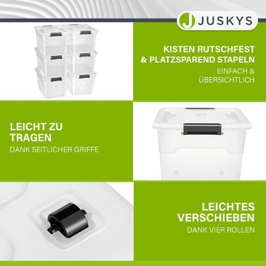 JUSKYS Storage Box with Lid - Set of 4 Plastic Boxes, 45L - Large Box, Stackable, Transparent - Storage Organization System Storage Boxes (Set of 6 - 45 Liters)