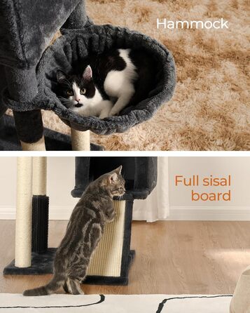 Кігтеточка для котів FourFurPets 156 см, з драбиною з сизалю, 2 платформи, 2 печери, гамак, іграшки, сірий