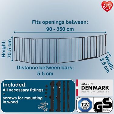 BabyDan Flex XXL - захисний бар'єр для каміну та сходів, 90-350 см, чорний, виробництво Данія