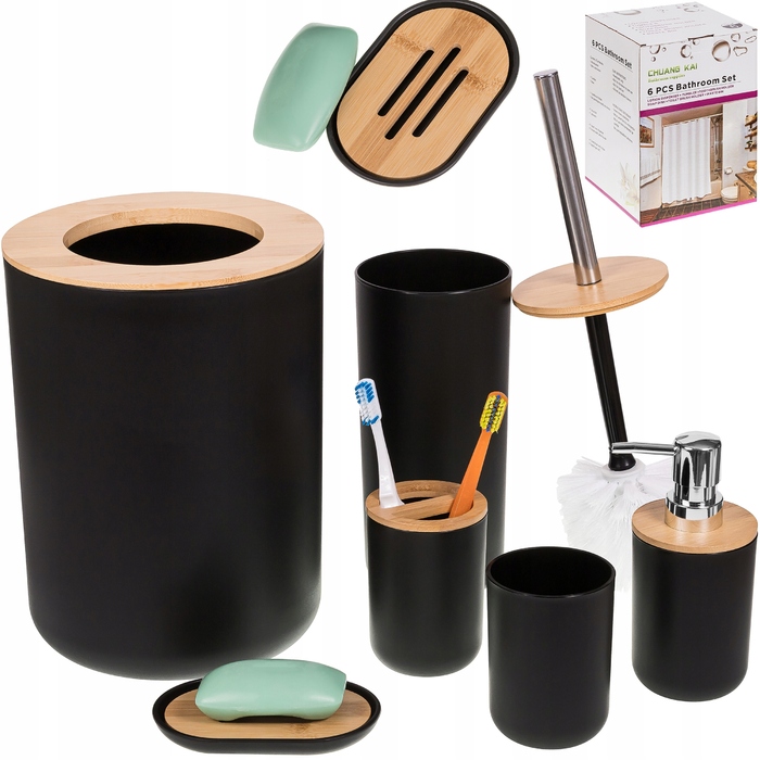Набір аксесуарів для ванної кімнати чорного кольору: ергономічна щітка для унітазу, кошик для сміття та мильниця