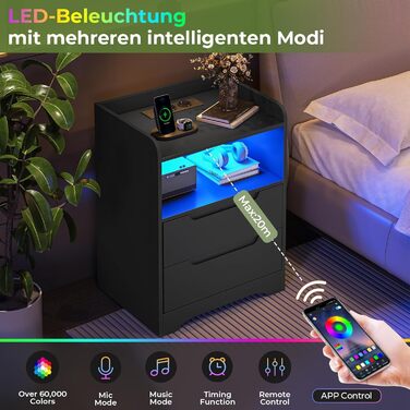 Комплект з 2 чорних приліжкових тумб BRINLAWB з LED-підсвіткою та зарядкою, 2 шухляди, для спальні та вітальні