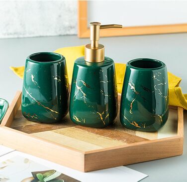 Набір аксесуарів для ванної кімнати: дозатор мила, мильниця, 2 стаканчика для зубних щіток (сірий, з малюнком мармуру)