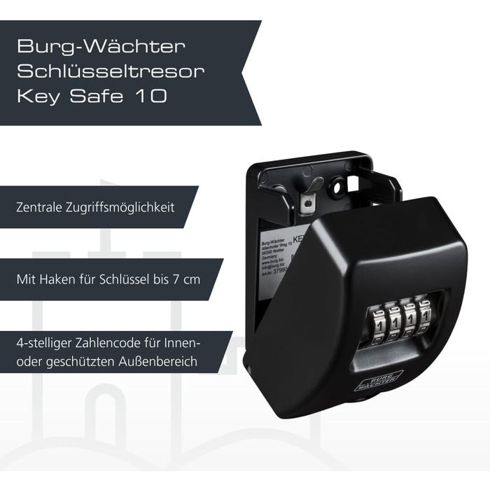 Ключниця-сейф Burg Wächter Key Safe 10 з 4-цифровим кодом для вулиці та приміщень, чорна, настінний монтаж