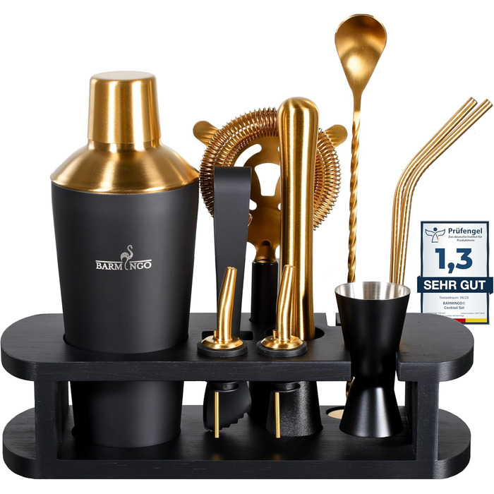 Barmingo Stainless Steel Cocktail Set - 11 Piece Bar Set with Shaker, Stand & Accessories | Cocktail Shaker Set | Bartender Set | Black & Gold