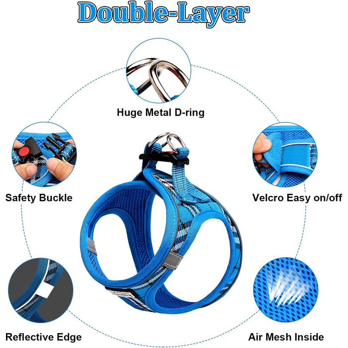 Шлейка для собак Suredoo для маленьких і середніх порід, анти-тяга, дихаюча, з поводом (M, 34-39см; XL, 46-53см, 8-10.5кг), блакитна в клітинку