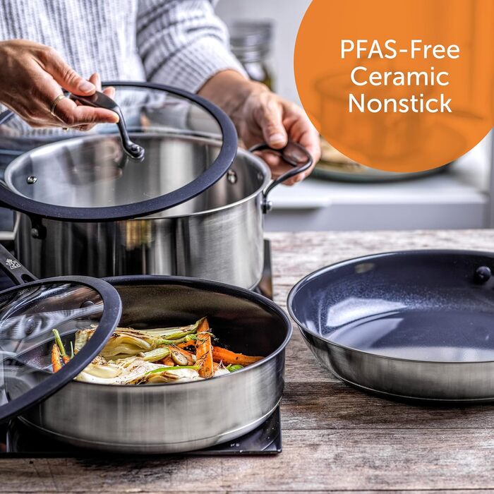 Набір посуду BK Ceramic Black 7-piece з нержавіючої сталі з керамічним антипригарним покриттям без PFAS, чорний. Ідеально для приготування їжі на індукційних плитах, безпечний для миття в посудомийній машині та використання в духовці.
