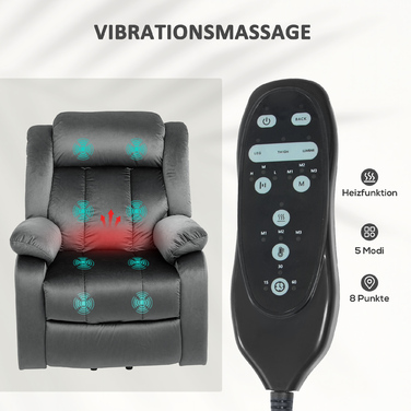 HOMCOM TV Chair with Rise Assist, Electric Recliner with Lie-flat Function, Vibration Massage, Heating Function, TV Chair with Pocket Coil Spring, Side Pocket and Remote Control, Dark Grey | Aosom