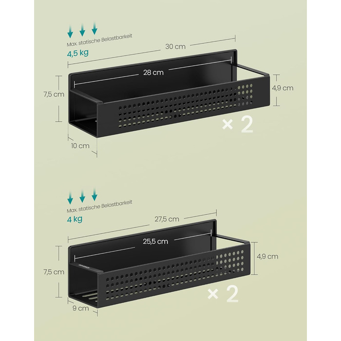 SONGMICS Магнітна полиця для спецій, 4 шт. (2 великі, 2 маленькі), без свердління, для кухні, холодильника, мікрохвильової печі, пральної машини, чорний, сталь