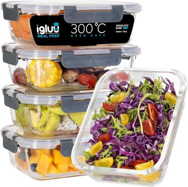 Набір контейнерів для їжі Igluu Meal Prep (5 шт.) – 1050 мл, Borosilikatglas, мікрохвильовка, духовка, морозильник, посудомийна машина, витікання
