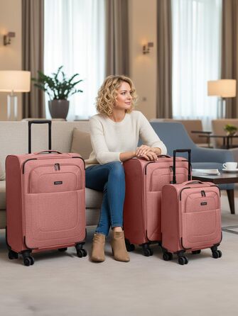 Набір валіз REDOLZ 3 шт. для жінок та чоловіків | Легкі та міцні дорожні валізи з розширенням, Softcase, 4 колеса, TSA-замок | Розширювані валізи (Essentials 12) Rose