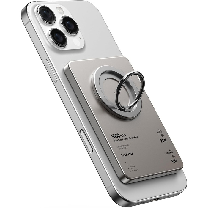 Power Bank KU XIU Magsafe 5000mAh: Тонкий, з підтримкою MagSafe, з кільцем для кріплення, PD 20W, для iPhone 17/16/15/14/13/12 (Титан)
