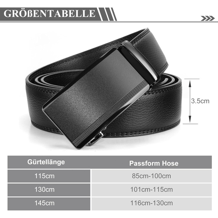 Чоловічий шкіряний ремінь WHIPPY Automatik з пряжкою, ширина 35 мм, чорний матовий, довжина 145 см (підходить для штанів 116-130 см)