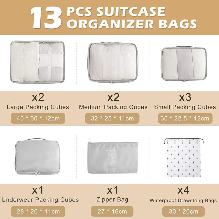 Органайзер для валізи Gemtte 13-ти частинний, водонепроникний, набір для подорожей (сірий)