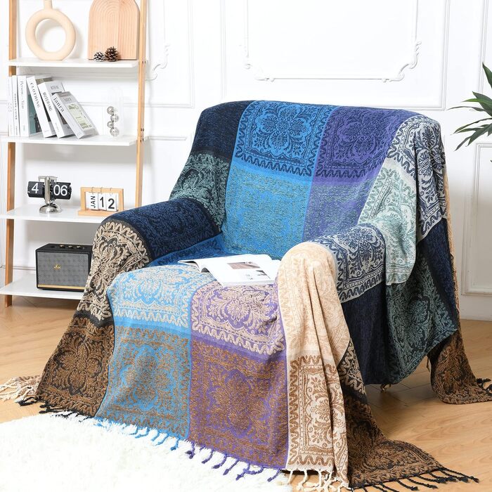 HOORDRY Chenille Woven Throw Blanket, Double-Sided Boho Blanket with Tassels, Double Bed Coverlet, Noble and Cozy Soft TV Blanket Sofa Blanket Reversible Bedspread, 220x260CM, Purple/Blue Purple 220 x 260 cm