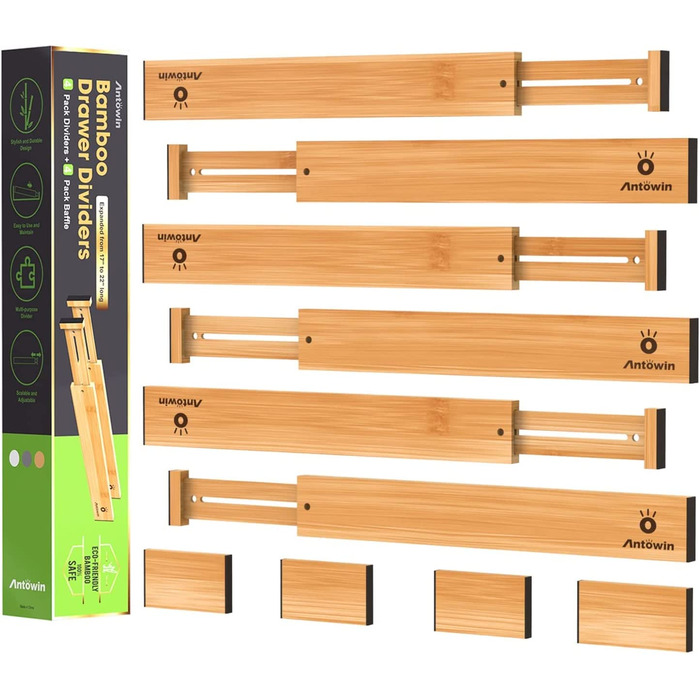 ANTOWIN 10 Pcs Adjustable Bamboo Drawer Dividers, Drawer Organizer, Spring-loaded, Kitchen, Dresser, Bathroom, Bedroom, Baby Drawer, Desk Organization System (43-56 cm) Natural