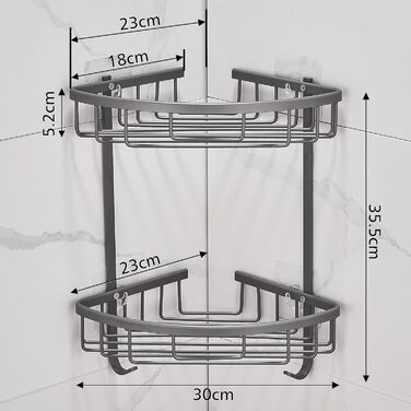 Поличка для душу GRICOL Eck-Duschregal без свердління, металева, кутова, з 2 гачками, для зберігання в ванній кімнаті, 2 яруси, нержавіюча сталь, сірий колір