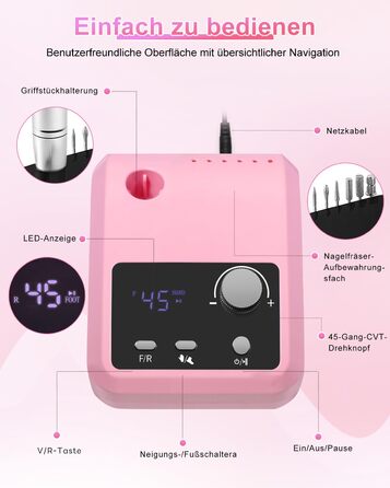 Електрична машинка для манікюру та педикюру CozyZen Professional: набір для догляду за нігтями з LCD-дисплеєм, керуванням рукою та ногою, тиха робота (рожевий)