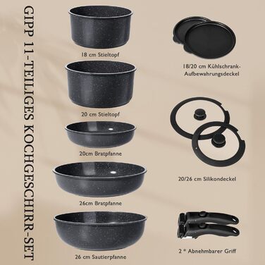 Набір посуду GipP Keramik 11 предметів: антипригарне покриття, для всіх плит, Induktion, PTFE/PFOA/PFOS-free, чорний