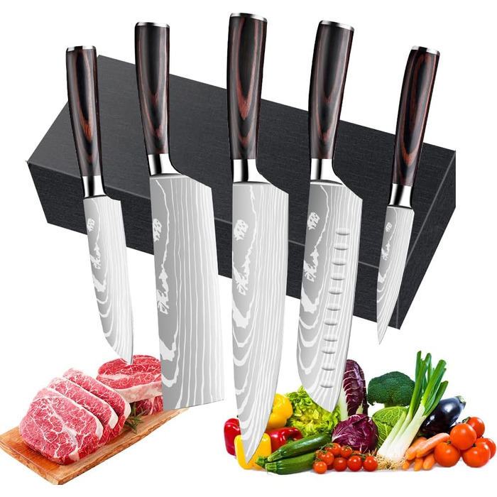 Набір кухонних ножів Dfito, 8 предметів: гострі ножі з нержавіючої сталі різних розмірів з зручними ручками. Набір ножів для кухні: гострі, стійкі до корозії, з неслизькою ручкою. Модель D8 (5pcs-A)