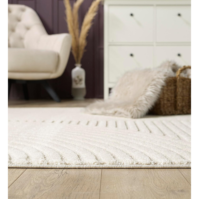 Килим Everest - сучасний коротковорсовий килим для вітальні та спальні з ефектом висоти-глибини, 3D ефект, висока щільність ворсу та приємна м'якість, дизайн Panglao, кремовий, 80 x 150 см