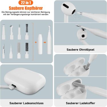 Набір для чищення гаджетів 22-в-1: навушники, телефони, клавіатури, камери, монітори, планшети, автоекрани. З щіткою та спреєм