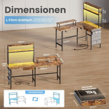 Ігровий стіл кутовий 150x100 см з 3 розетками та 2 USB, зворотний, з LED підсвіткою, з ящиками та підставкою для монітора. Колір: коричневий.