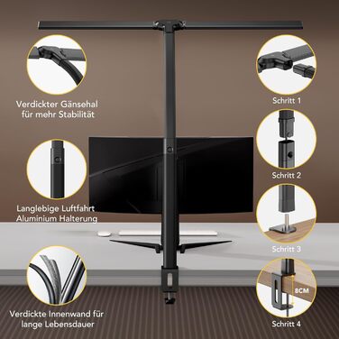 LED лампа для столу Ehaho 2100LM з регулюванням яскравості, 24W, 224 LED, 80 см, кріплення на монітор, гнушкий шийка, офісна лампа з пультом, 10 температур кольору та 10 рівнів яскравості (для дому/офісу), чорна