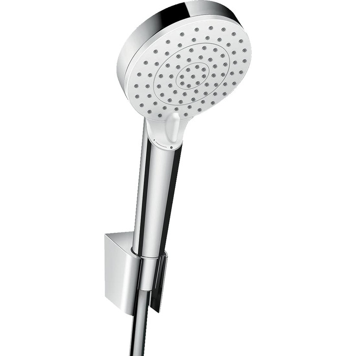 hansgrohe Crometta Showerhead Holder Set, with shower hose, 1.60 m, 2 spray patterns, water-saving, White/Chrome (Set with 1.25m shower hose, 2 spray patterns with water-saving function)