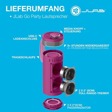JLab Go Party: Портативна Bluetooth колонка з RGB підсвіткою, IP56 (10W, 16+ годин, Mulberry)
