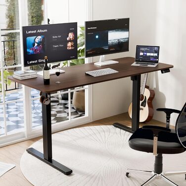 Ergonomaker Electric Height Adjustable Desk 80x60cm - Compact Standing Desk with 2-Section Tabletop, Adjustable Desk for Home Office (White Frame + Walnut Tabletop)