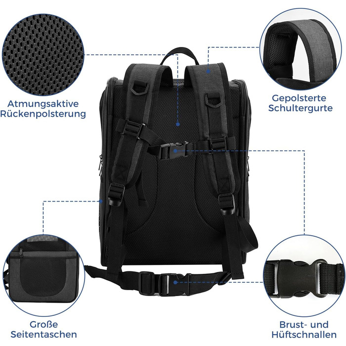 Рюкзак для собак та котів Apollo Walker - зручний та дихаючий, для малих тварин (2-15 кг), чорний