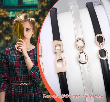 2 жіночі шкіряні ремені Skinny: тонкий, витончений, з золотою пряжкою для суконь та пальто (чорний+білий)