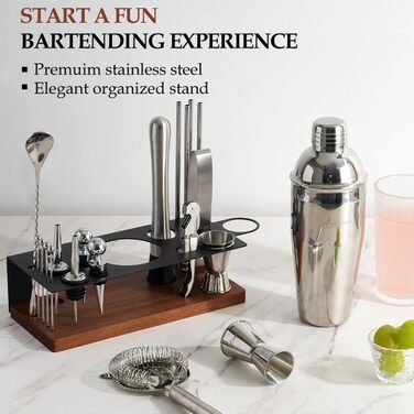Набір бармена 23 предмети: шейкер, сито, ложка, мадлер, барні інструменти для дому, бару, вечірки (колір: коричневий)