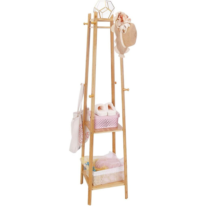 Bamboo Clothes Rack Coat Stand with 8 Hooks and 3 Shelves for Shoes, Hats, and Scarves, for Hallway, Living Room, and Guest Room
