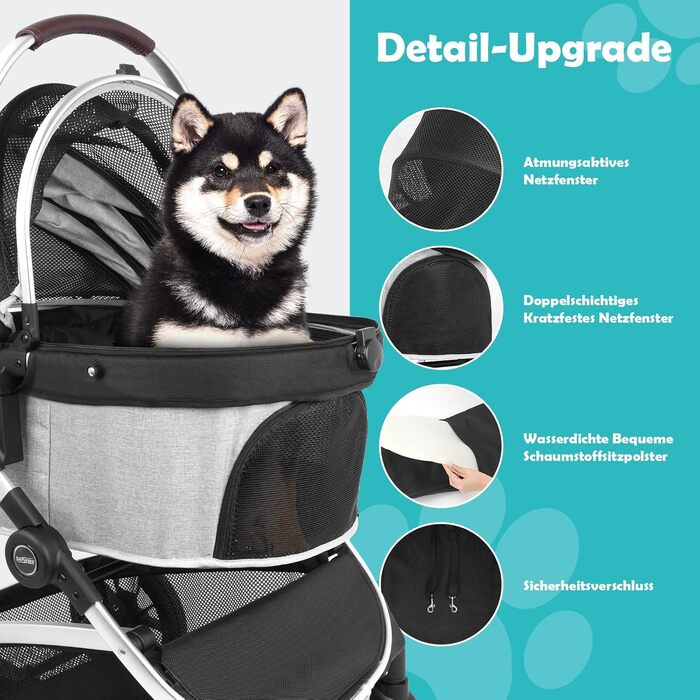 Візок для собак, складаний, до 25 кг, сірий. Алюмінієвий каркас, поворотні колеса, гальма, страхувальний ремінь, м'яке сидіння