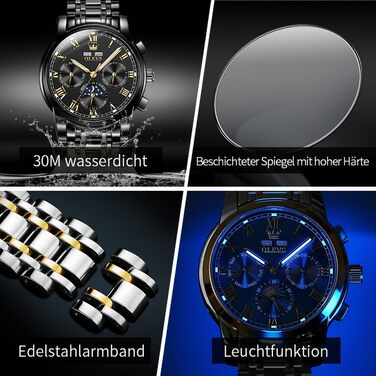 Чоловічий механічний годинник OLEVS 6692 з автопідзаводом: золотистий корпус, чорний циферблат та ремінець, фаза місяця, водонепроникний, люкс бізнес-стиль