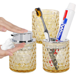 Pink bathroom accessory set made of glass, including a toothbrush holder, soap dispenser, and cup, foaming soap dispenser and toothbrush holder, 3 pink bathroom cups for brush, toothpaste (amber and silver).