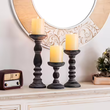Rustic Wooden Candle Holder Pillar - 3 Piece Wooden Candle Holder Set Pillar Candle Holder Set Distressed White Tealight Holder for Wedding Centerpieces Farmhouse Home Room Decoration (Distressed Black)