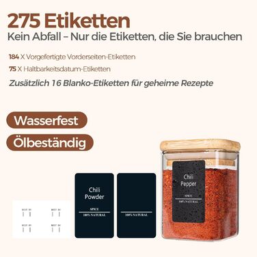 Набір баночок для спецій ComSaf 120 мл, 12 шт. з етикетками, скляні, з дерев'яними кришками, герметичні, для зберігання спецій