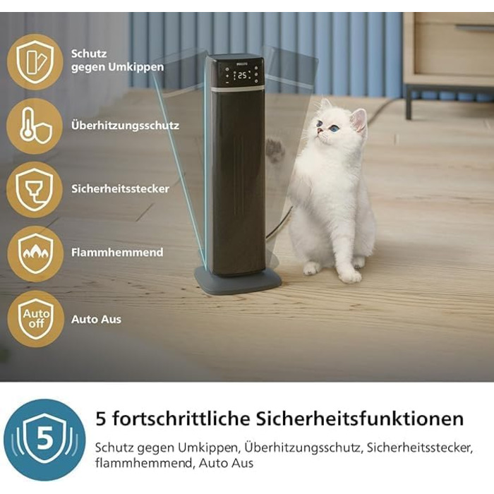 Philips Ceramic Fan Heater 5000 Series, Ceramic Heating Technology, AI-powered for energy saving, Heats up in 2 seconds with 5 integrated safety features, App control, Grey (CX5120/11)