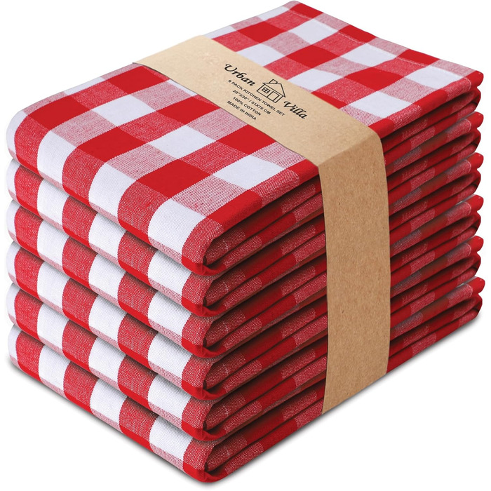 Urban Villa Kitchen Towels, Premium Quality, Dishcloths made from 100% Cotton, Mitered Corners, Ultra-Soft (Size 51x76 cm) Red/White Highly Absorbent Bar and Dish Towels - (Set of 6)
