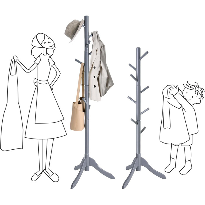 VASAGLE Coat Rack, Solid Wood Clothes Rack, Coat Stand with 8 Hooks, Tree Shape, 3 Adjustable Heights, for Coats, Jackets, Bags, for Entryway, Bedroom, Grey RCR01GY