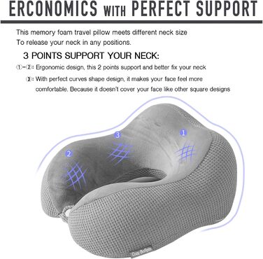 Подушка для шиї у подорожах, Memory Foam, сіра. Зручна та портативна подушка для сну в дорозі, кемпінгу та подорожей. Швидка упаковка.