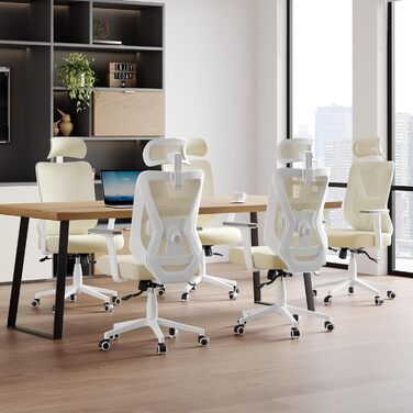 Офісне крісло Yaheetech з регульованою підголівником та підтримкою попереку, дихаюча сітчаста спинка, широке сидіння, S-подібна спинка, поворотне на 360°, бежеве