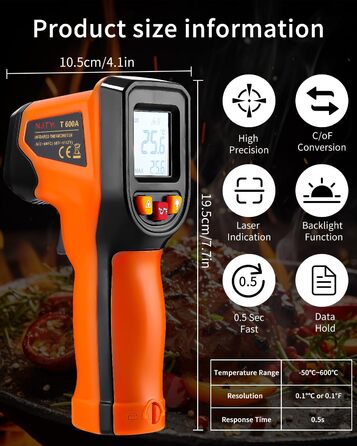 Інфрачервоний термометр цифровий -50°C～600°C: інструмент для вимірювання температури з лазерним цілевказівником та LCD дисплеєм (не для вимірювання температури тіла людини)
