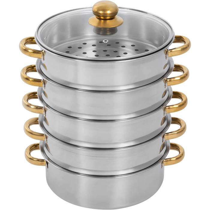 Багатоярусний паровар з нержавіючої сталі 5 ярусів з кришкою з скла, 26/28/30 см. Підходить для газових, індукційних та електричних плит.