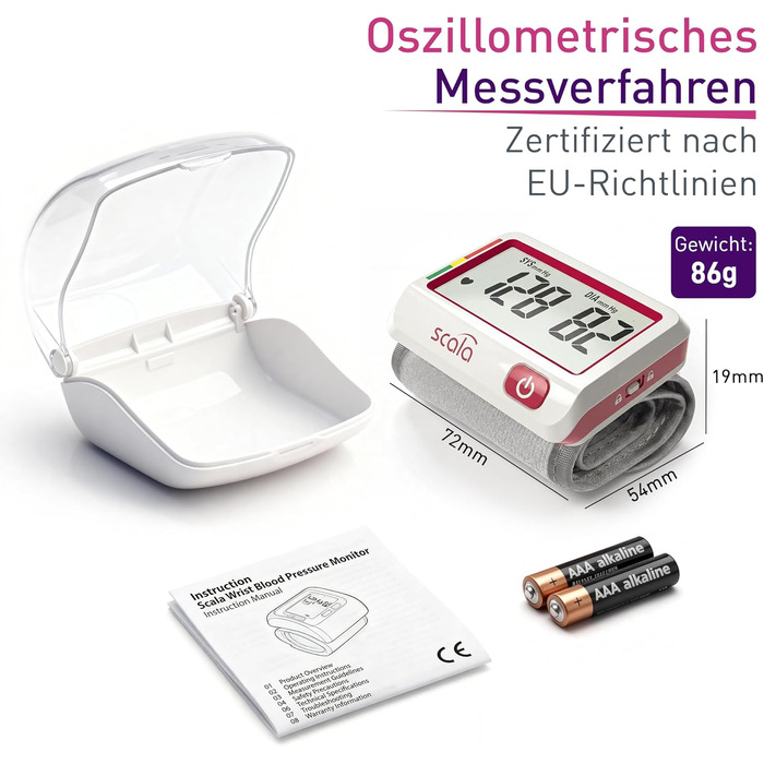 Тонометр на зап'ястя Scala SC 6027 A (червоний) – точний вимірювач артеріального тиску з індикатором ВООЗ, 85 місць пам'яті, Fuzzy Logic, з батарейками та коробкою, розмір манжети 13,5-19,5 см