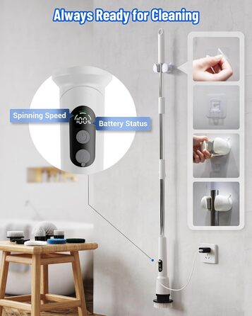 Electric Cleaning Brush, 12-in-1 Electric Spin Scrubber Cordless with 8 Interchangeable Brush Heads, Electric Cleaning Brush with Adjustable Handle for Bathroom, Kitchen, Tiles, Floors, Car (White)