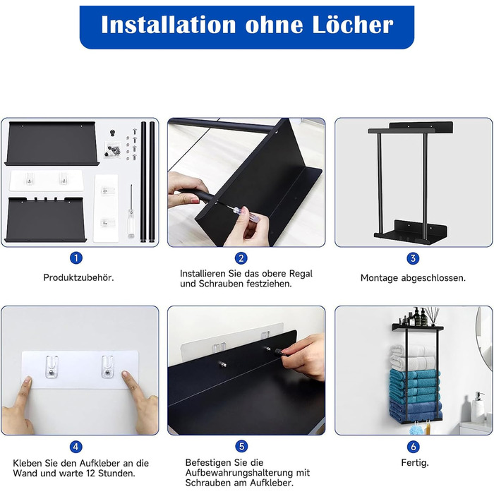 Тримач для рушників без свердління, висувний, чорний. Регульована ширина 38-75 см, з полицею для зберігання. Для ванної кімнати.